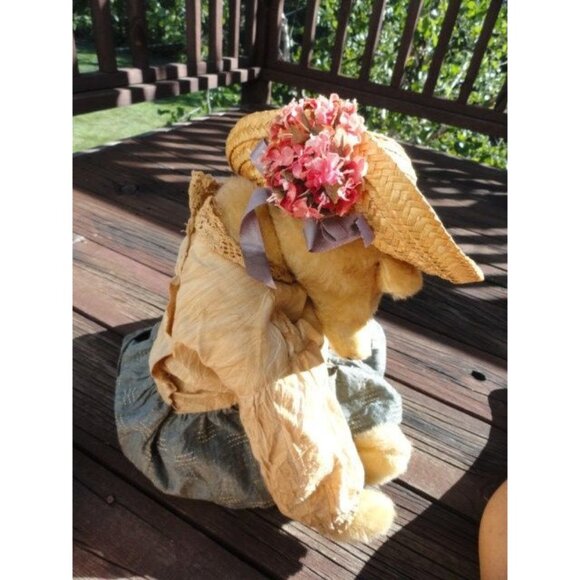 Vintage Handmade 20″ Teddy Bear Full Brim Straw Hat Flowers Denim Dress Red Bow - Picture 9 of 10